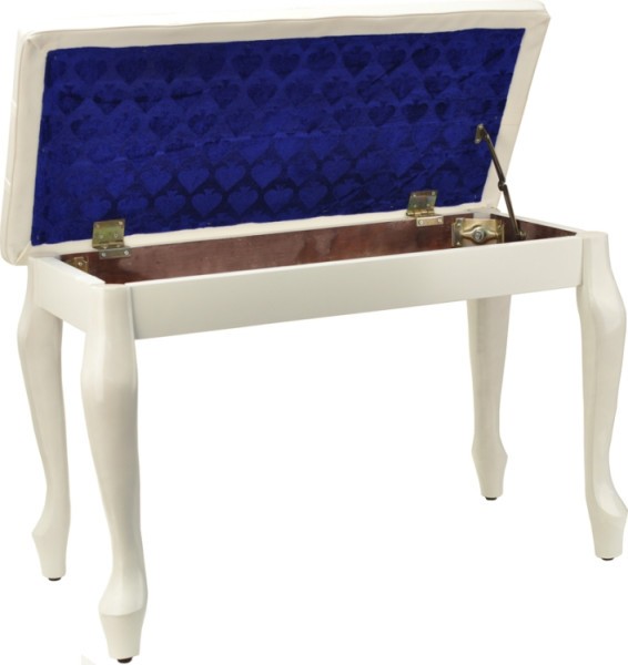 Klavierbank mit Notenfach weiß poliert - Chippendale mit weißem Kunstlederbezug