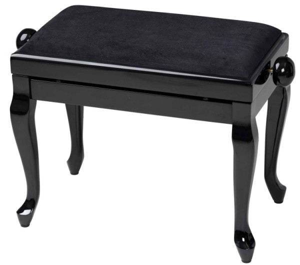 Gewa Klavierbank in Schwarz poliert, schwarze Stoffauflage mit Chippendale Beinen