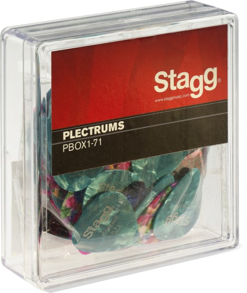 Stagg PBOX1-71 100 Stück Display-Box mit Zelluloid Standard-Plektren verschiedene Farben .71 mm