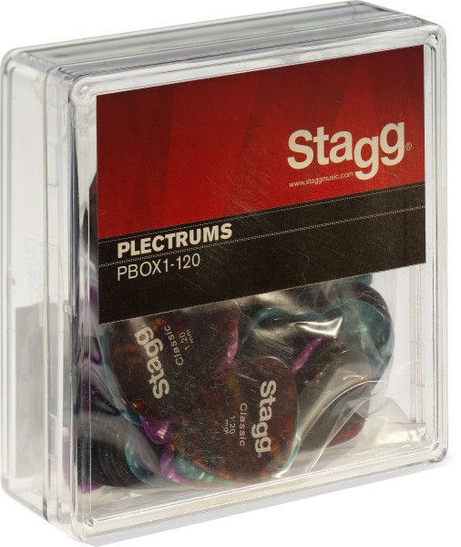 Stagg PBOX1-120 100 Stück Display-Box mit Zelluloid Standard-Plektren verschiedene Farben 1.20 mm