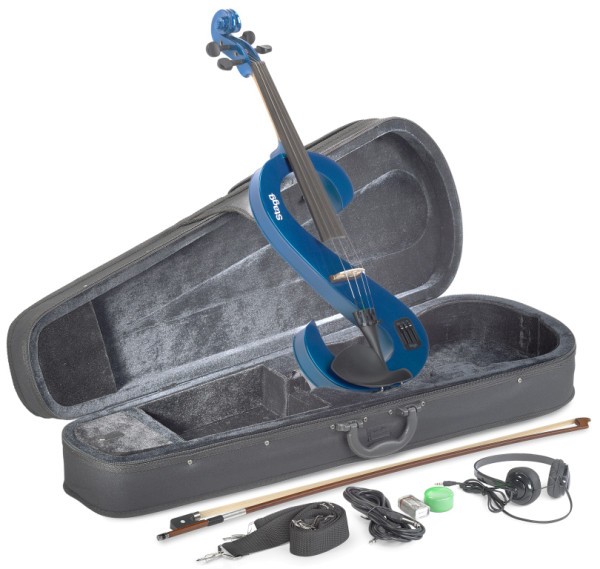 4/4 E-Bratsche Set mit E-Bratsche in S-Form, Blau Metallic, Softcase und Kopfhörer
