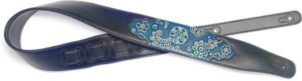 Schwarz gepolsterter Gitarrengurt aus Kunstleder mit geprägtem Paisleymuster in Blau