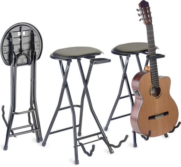 Klapphocker mit rechteckiger Sitzfläche und eingebautem Gitarrenständer