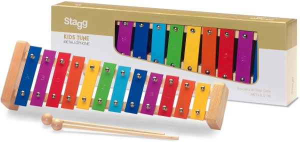 Metallophon mit 12 farb-kodierten Stäben und zwei Holzschlägeln