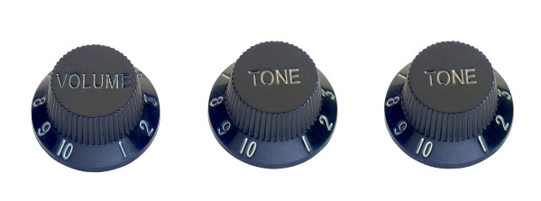 Volume- und Tone-Potis (x2) für S-Typ E-Gitarre, Schwarz, Beschriftung Weiß