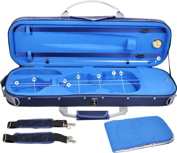 Steinbach 4/4 Geigenkoffer abgerundetes Modell blau mit hellen Applikationen und Rucksackriemen