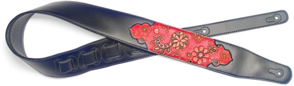 Schwarz gepolsterter Gitarrengurt aus Kunstleder mit geprägtem Paisleymuster in Rot