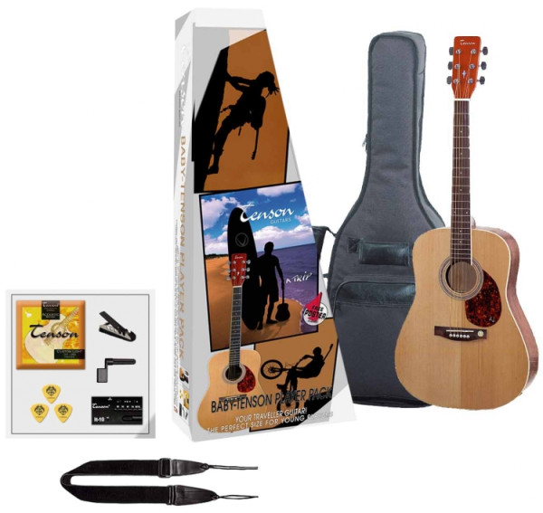 Tenson 4/4 Westerngitarre Starter-Set mit naturfarbiger Mini Dreadnought inkl. Zubehör