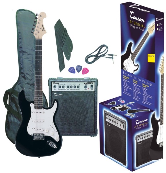 Tenson 4/4 E-Gitarre Starter-Set mit schwarzer Gitarre inkl. Zubehör