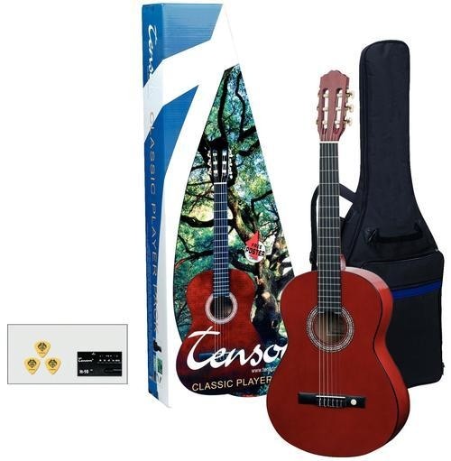 Tenson 4/4 Konzertgitarre Starter-Set mit transparent-roter Gitarre inkl. Zubehör