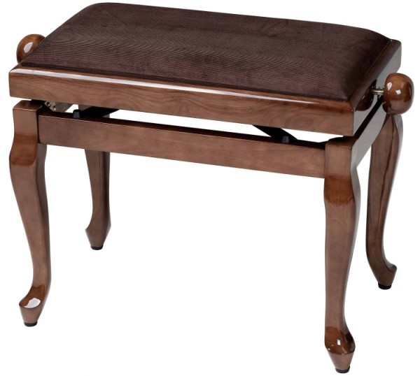 Gewa Klavierbank in Walnuss poliert mit brauner Stoffauflage mit Chippendale Beinen