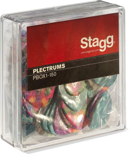Stagg PBOX1-150 100 Stück Display-Box mit Zelluloid Standard-Plektrenverschiedene Farben 1.50 mm