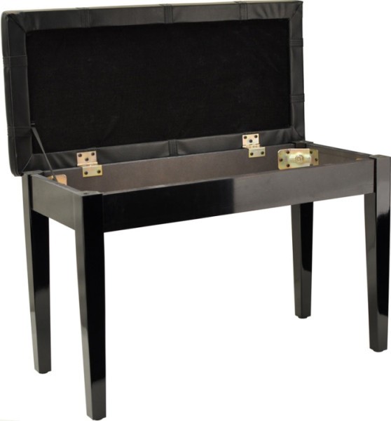 Klavierbank mit Notenfach schwarz poliert mit schwarzem Kunstlederbezug