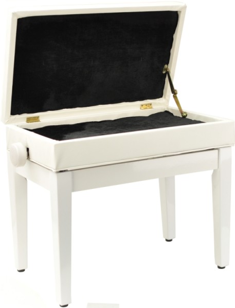 Klavierbank mit Notenfach weiß poliert mit weißem Kunstlederbezug