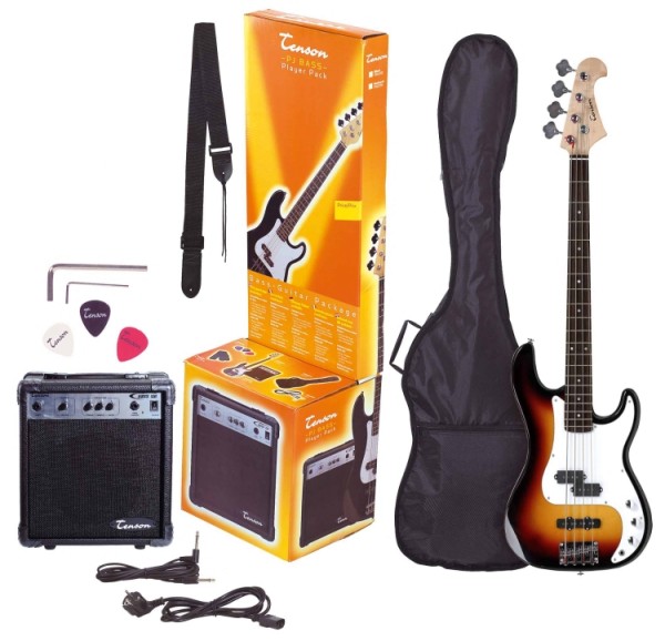 Tenson 4/4 E-Bass Starter-Set mit sunburst Gitarre inkl. Zubehör