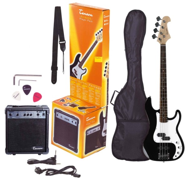 Tenson 4/4 E-Bass Starter-Set mit schwarzer Gitarre inkl. Zubehör