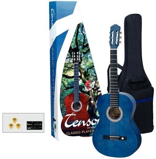 Tenson 4/4 Konzertgitarre Starter-Set mit transparent-blauer Gitarre inkl. Zubehör