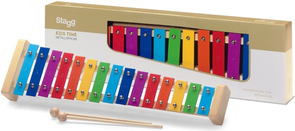 Metallophon mit 15 farb-kodierten Stäben und zwei Holzschlägeln