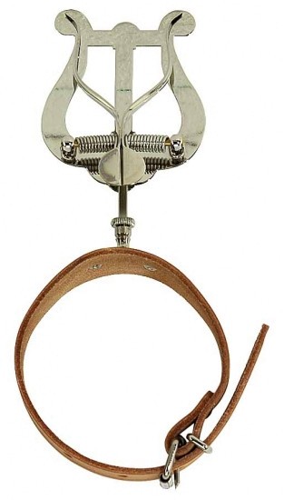 Marschgabel für Flöte große Lyra 2 Drücker vernickelt mit breitem Lederarmband