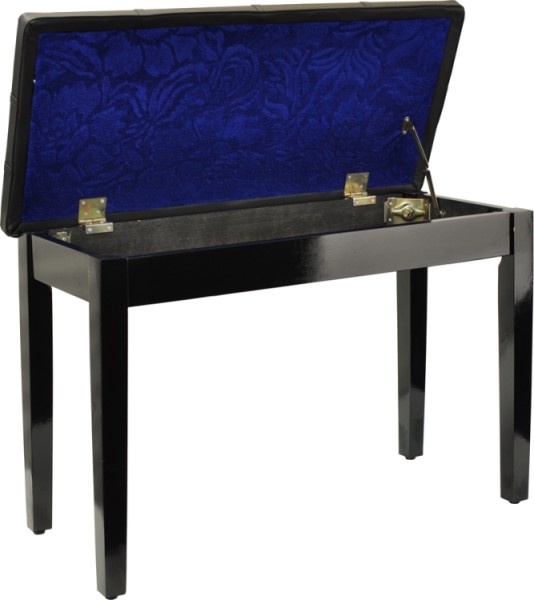 Klavierbank mit Notenfach schwarz poliert mit schwarzem Kunstlederbezug